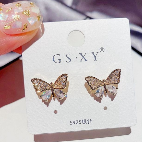 Jewelry - NEW YELLOW GOLD PLATED DIAMOND BUTTERFLY STUDS